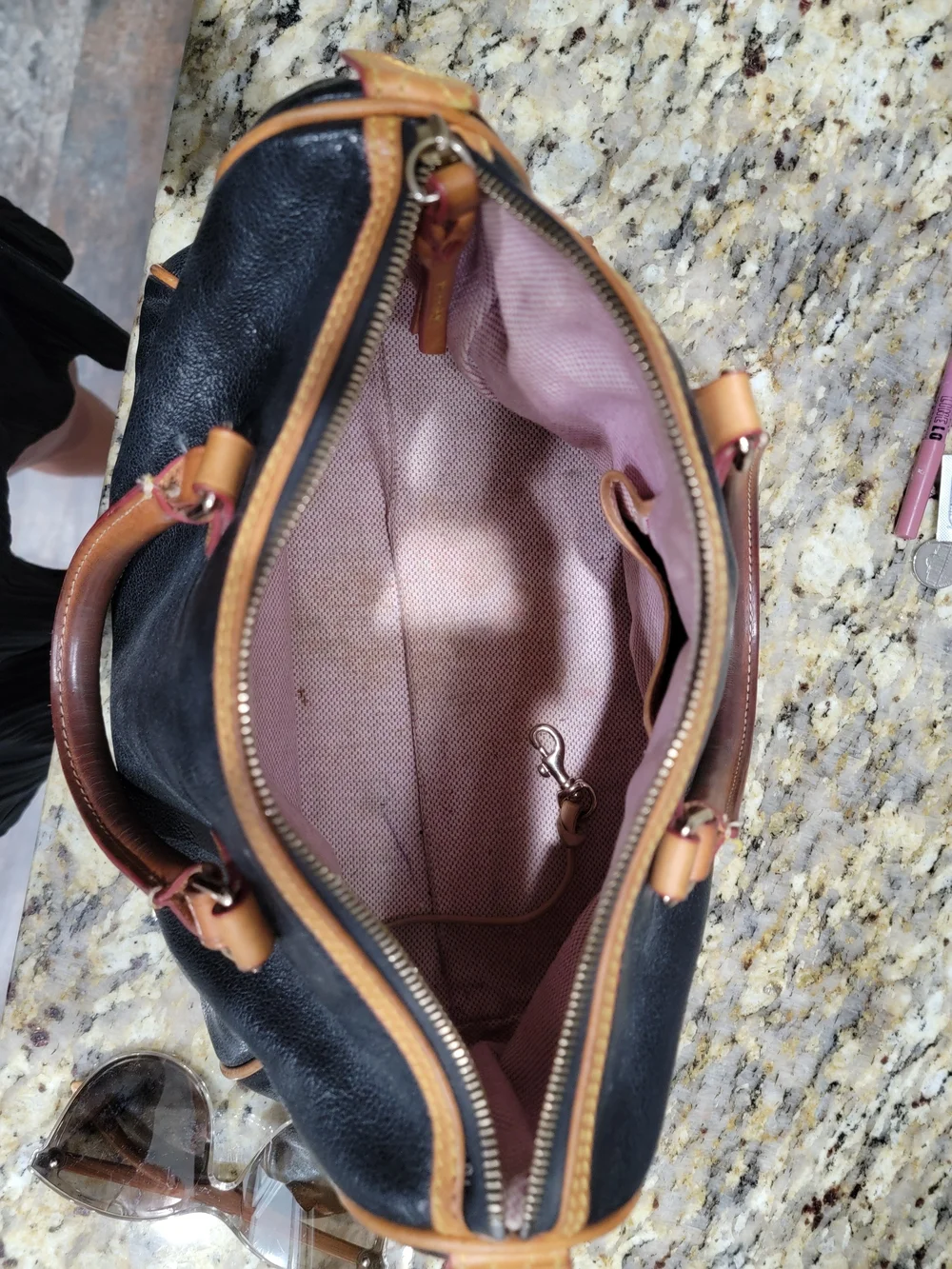 Dooney & Bourke Black Leather Satchel with Brown Trim
